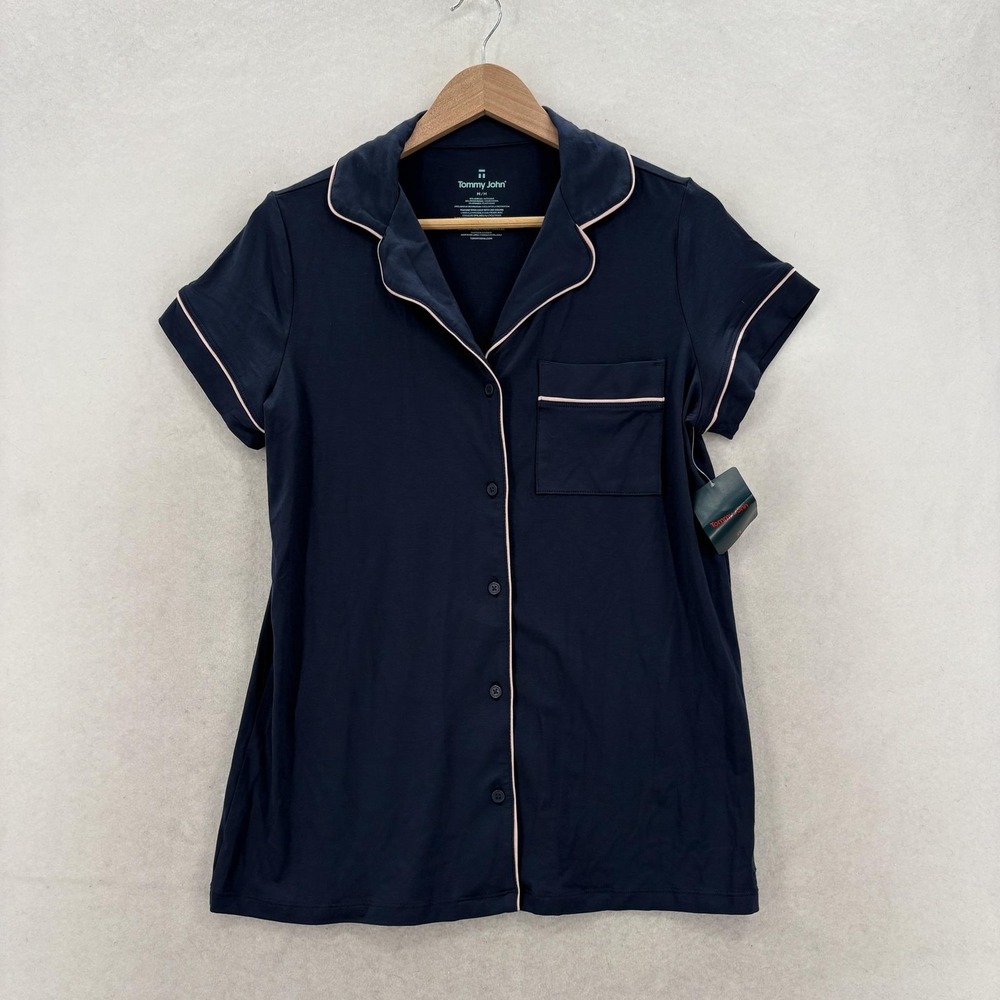 Tommy John Pajama Top Womens Medium Dress Blues Button Front Short Sleeve PJ NWT